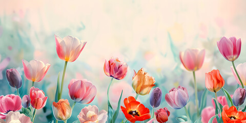 Colorful, vibrant flowers including tulips in varying hues, gently swaying in a serene garden setting with soft, diffused natural light creating a glowing atmosphere, uplifting mood,...