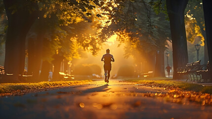 Fototapeta premium Dynamic runner, focused determination, jogs amid tranquil park setting, golden hour sunlight casting soft glows, vibrant oranges and lush greens, serenity, motivation, ample copy space.