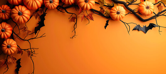 Halloween pumpkins, playful expressions, black branch, festive decorations, vibrant orange background, soft lighting, cheerful spooky atmosphere, ample copy space for text.