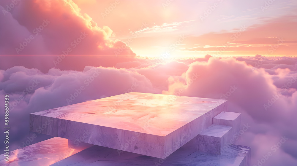 Poster glowing marble platform floating amidst swirling clouds at dawn with vibrant pink and orange hues in