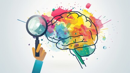 Unraveling Creativity: Person Analyzing Colorful Brain Illustration with Magnifying Glass