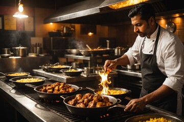 Shot from an Indian restaurant where chef is making smoky sizzler, as fire catches when he puts hot butter over grilled chicken.