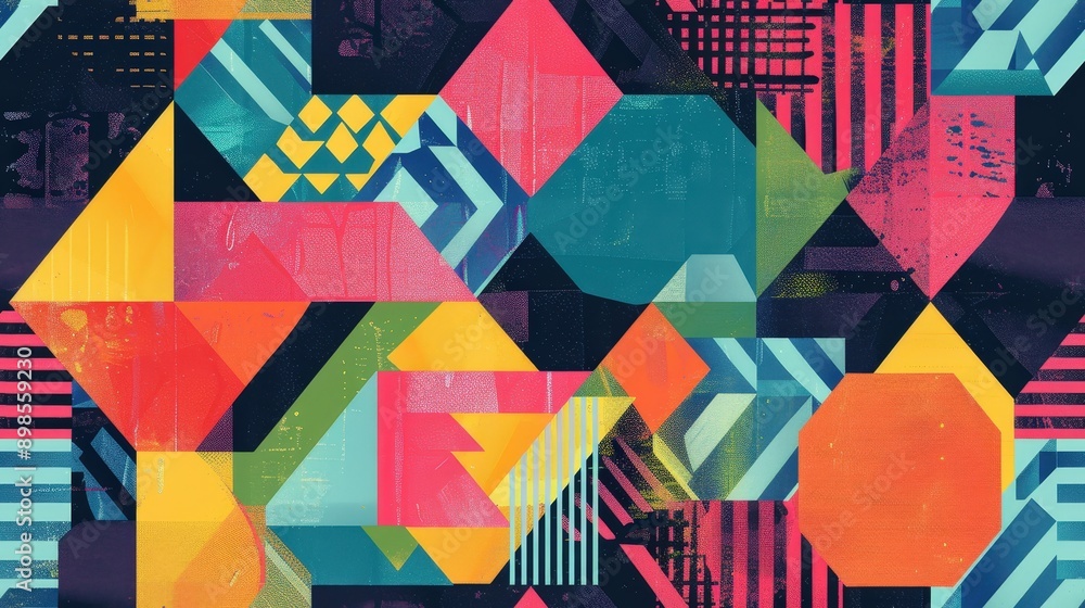 Poster a vibrant abstract geometric pattern featuring a mix of colorful triangles, hexagons, and squares. t