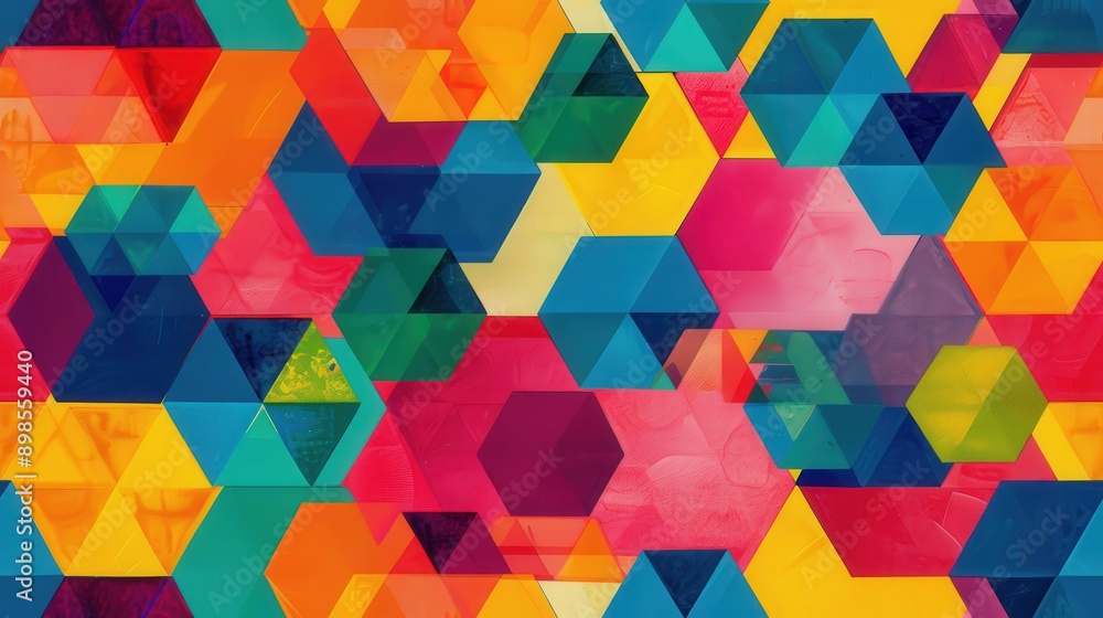 Aufkleber a vibrant geometric pattern featuring overlapping hexagons, triangles, and squares in a variety of c