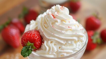 A close-up shot of whipped cream, decorated with red sprinkles, and a fresh strawberry on top.  The cream is in a clear glass dish, surrounded by more strawberries, symbolizing sweetness, indulgence, 