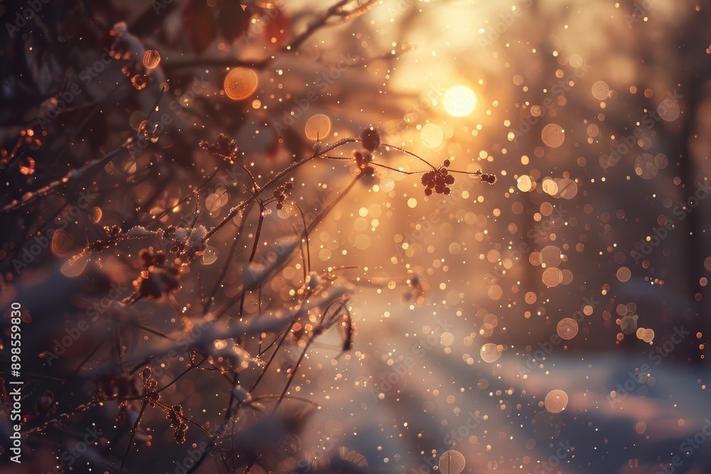 Poster a delicate branch with red berries is illuminated by the warm glow of the setting sun. snowflakes ge