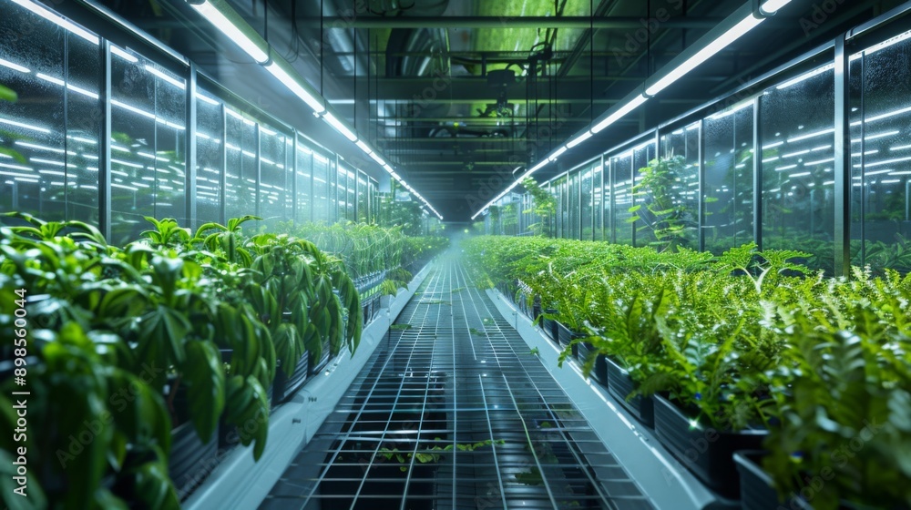 Poster rows of potted plants are illuminated by bright overhead lights in a controlled indoor greenhouse en
