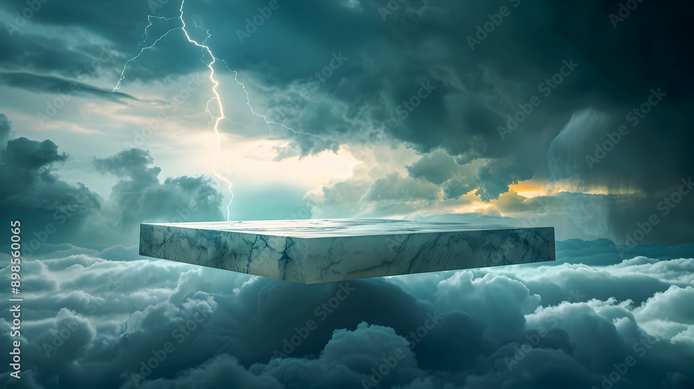Aufkleber marble platform floating ominously in a tumultuous cloudy sky during a thunderstorm with dark ominou