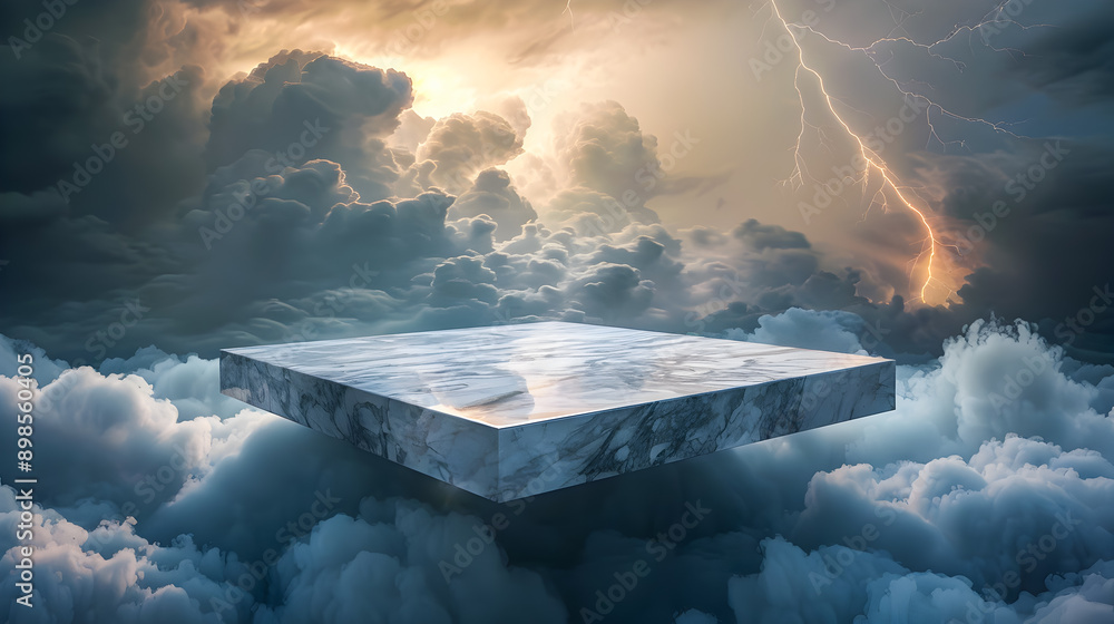 Aufkleber dramatic and intense visual of a marble platform floating in a tumultuous cloudy sky during a thunde