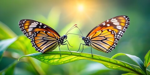 Fototapeta premium Two butterflies perched on a plant leaf interacting as pollinators in nature AI Generative