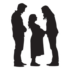 A silhouette in a studio of a couple who are having a baby and the father is listening to the mother's belly who is well along in her pregnancy; Edmonton, Alberta silhouette white background
