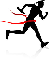 A graduate student man running a sprint to an academic finish line concept