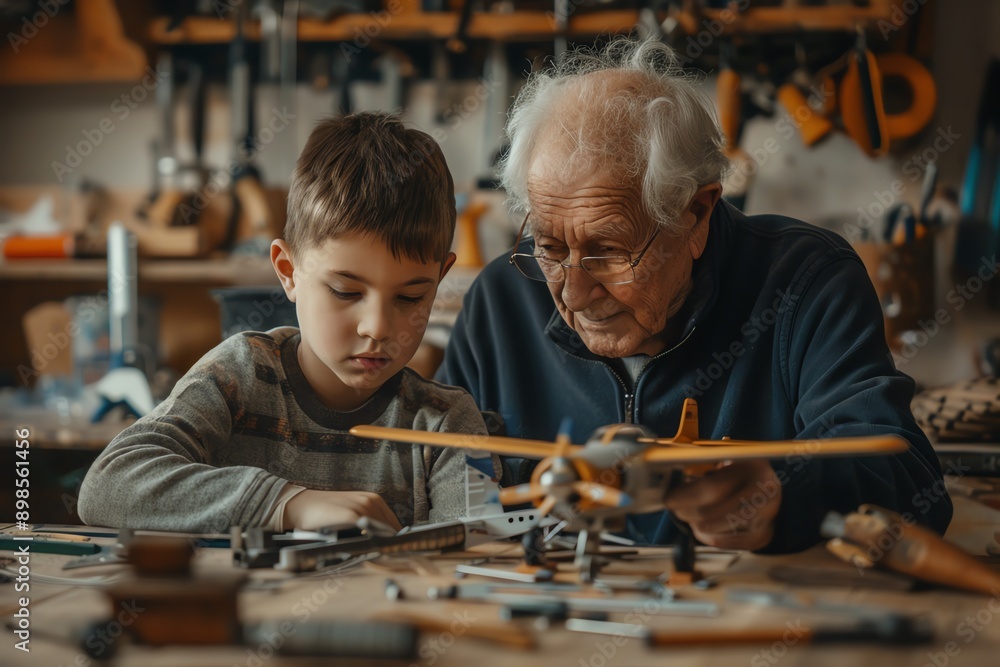 Poster elderly man teaching young boy how to build a model airplane in a workshop, surrounded by tools and 