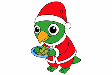 Santa Claus Parrot Eating Christmas Food Vector Illustration.