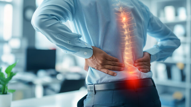 Office worker experiencing lower back pain, with a highlighted spine indicating the area of discomfort, showing signs of stress and posture-related issues.
