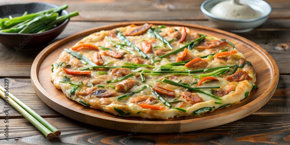 Poster a visually appealing display of haemul pajeon showcasing a crispy seafood and green onion pancake ai