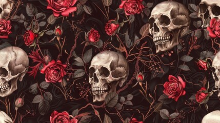 A gothic pattern displays intricately designed skulls surrounded by vibrant red roses and dark, twisting vines