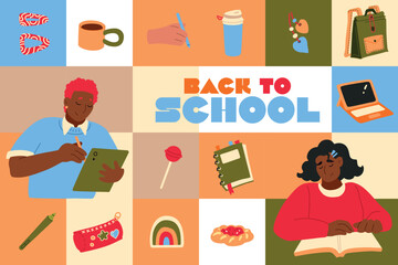 Back to school student hand drawn vector illustration banner for education, online learning reading book school and courses International education day teachers day concept art.