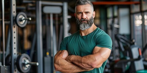 Confident Mature Man with a Beard Exuding Strength in a Modern Gym: A Portrait of Fitness and Well-being