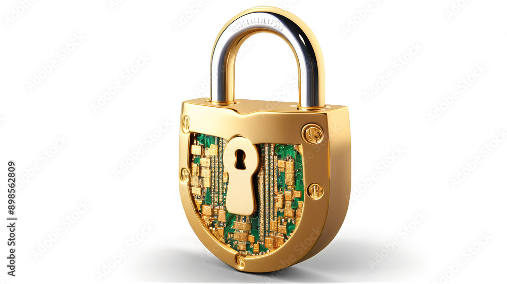 Poster golden padlock with integrated electronic circuits, password security technology for fraud preventio
