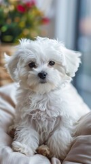 A white Maltese puppy sits on a soft, beige blanket, gazing intently at the camera