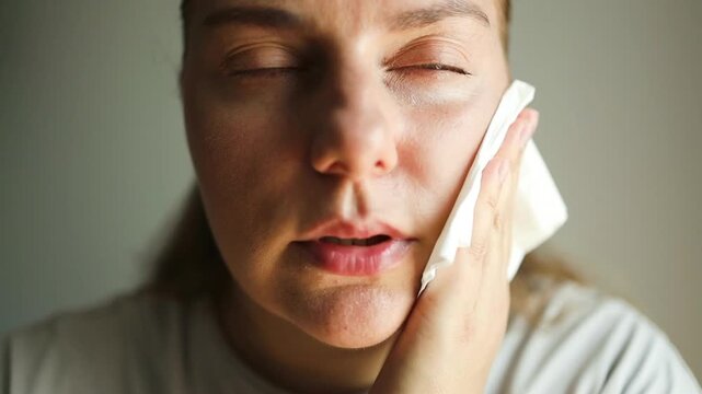 Beautiful Caucasian woman having hot flash. Female having sunstroke skin damage from sun UV city air at home in warm summer day hot weather. High quality FullHD footage