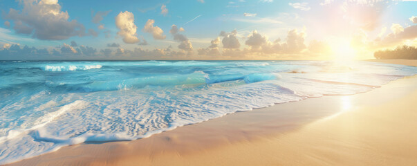 A peaceful beach background with soft sand, gentle waves, and a bright sun, perfect for a relaxing and serene setting.