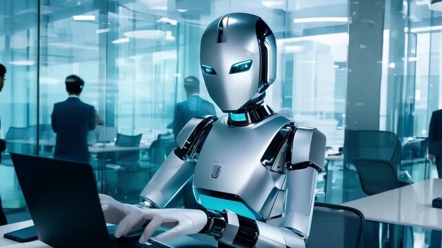 A humanoid robot wearing a silver suit sits at a desk, working on a laptop in an office setting while other office workers are visible in the background.