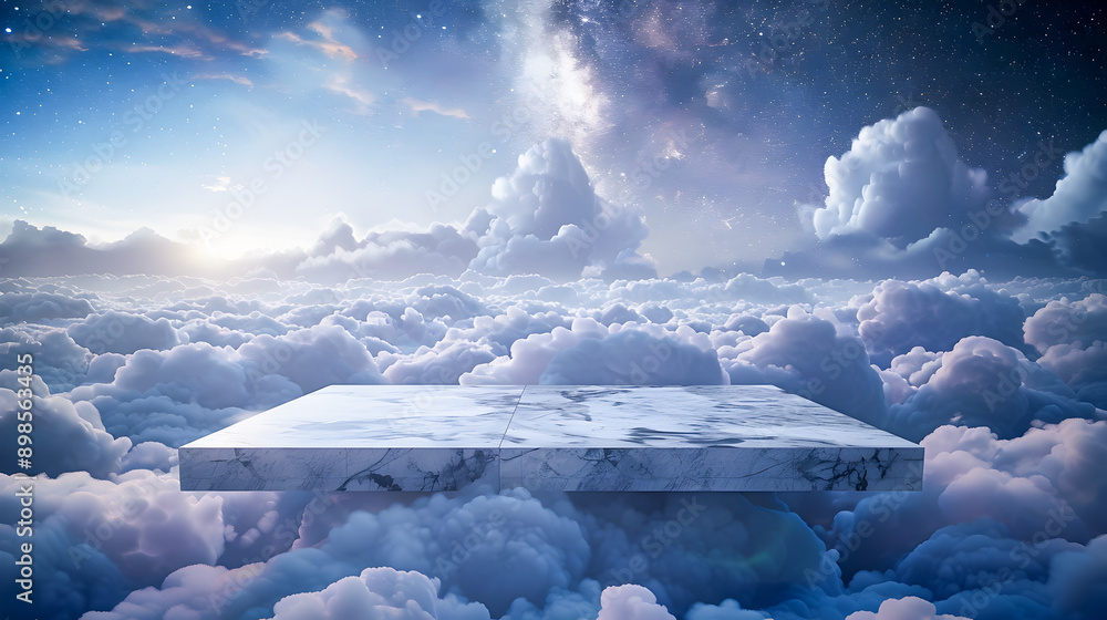 Poster ethereal marble platform floating amidst a captivating sea of starry clouds subtly illuminated by th