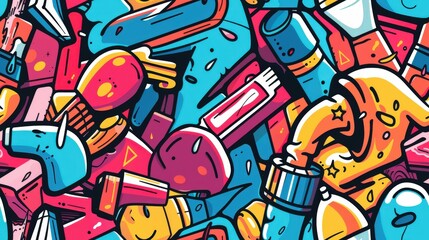 Obraz premium Colorful spray cans create a lively graffiti pattern highlighting artistic expression in an urban environment