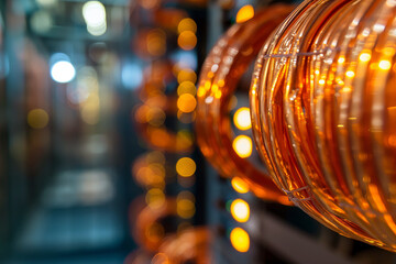 Bundle of copper electric wires against the background of server equipment in an industrial style.