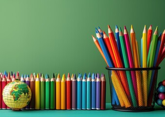 A globe is with colored pencils and more pencils