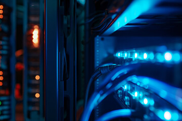 Minimalistic photo of an electric wire illuminated by blue light against the server equipment background, symbolizing high technology.