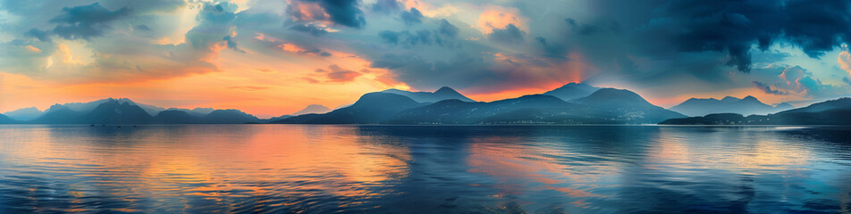 Fototapeta premium A panoramic view of a beautiful colorful sunset over the sea with mountains in Thailand, a beautiful landscape. The view shows a panorama