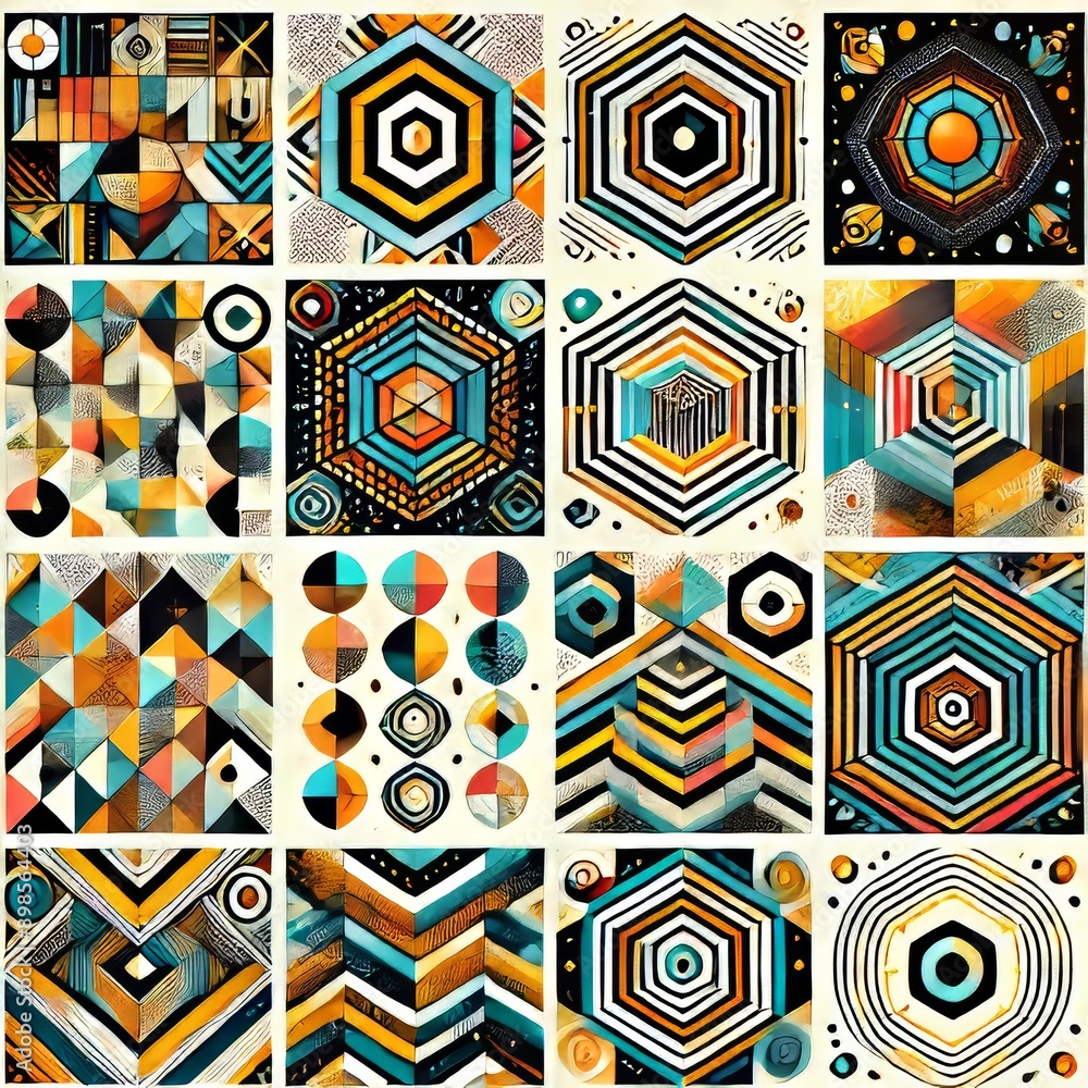 Poster collection of vibrant geometric patterns and shapes in a colorful 3d animation style