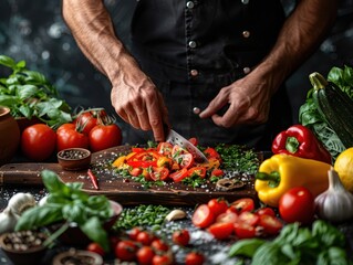 Professional Chef skillfully chopping a colorful variety of fresh vegetables on a rustic wooden cutting board in a modern kitchen setting