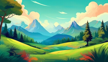 illustration of a European mountain landscape flat art design for a postcard