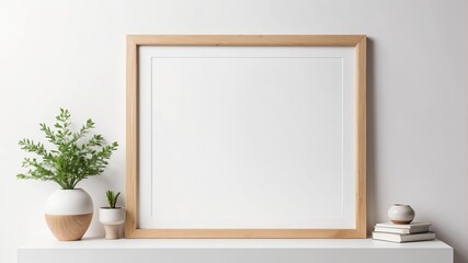 Empty picture brown wooden frame on the wall. Whiteboard wooden frame mockup