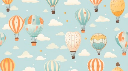 Colorful hot air balloons drift playfully across a blue sky filled with soft, fluffy clouds, creating a cheerful and whimsical atmosphere