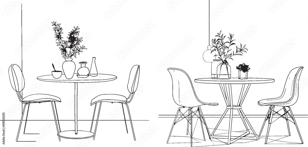 Aufkleber modern illustration of a dining table and chairs in continuous line art style. black linear sketch o
