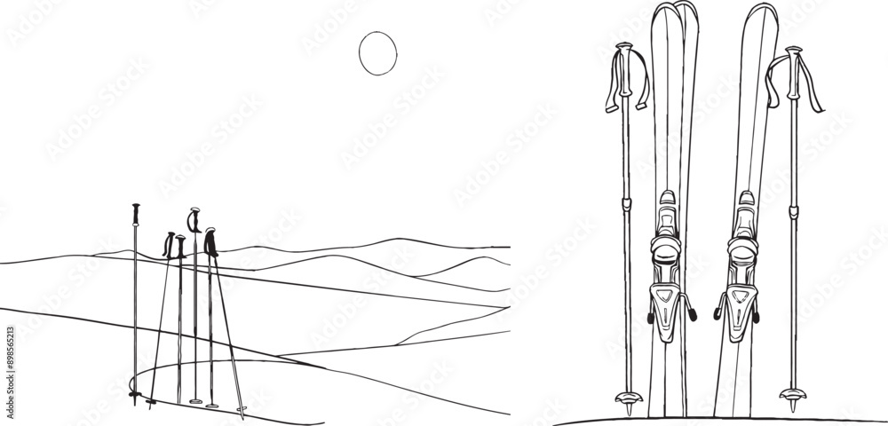 Poster modern illustration of skis and ski poles in continuous one-line strokes.