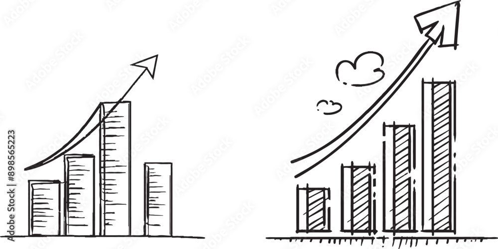 Poster Line drawing of a graph business icon. Arrow up. Bar chart. Single line art. Objects one line.
