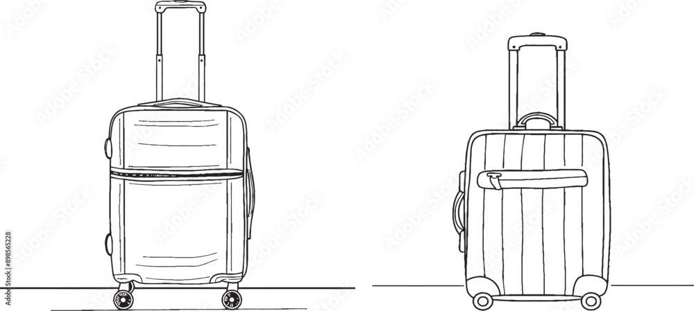Poster a continuous line drawing of travel suitcases with wheels. modern illustration of the outline of a t