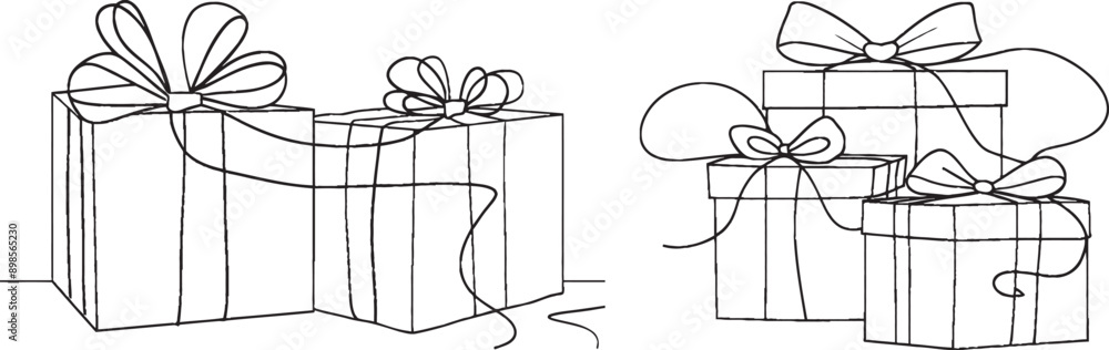 Poster The modern design of gift boxes with bows is based on a line drawing style