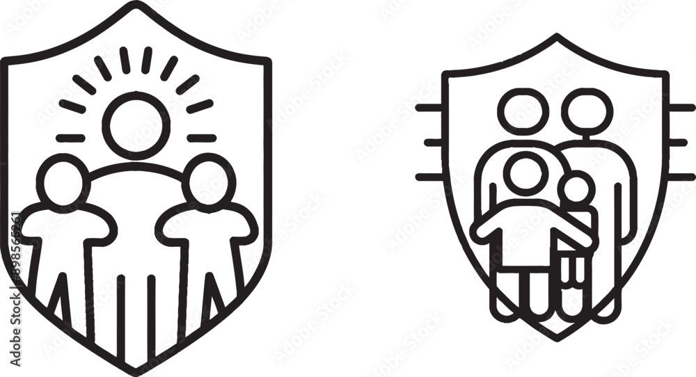 Poster health coverage sign. life insurance policy symbol. family insurance ribbon outline. loop curve patt