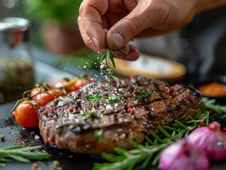 Gourmet Chef Seasoning Perfect Steak with Salt, Pepper, and Herbs - Culinary Masterpiece Cooking Concept