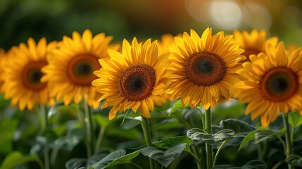 Fototapeta premium Sunny field of tall sunflowers in full bloom, adding happiness to the rural landscape. Vibrant colors and natural beauty capture the essence of countryside life