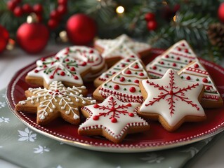 Festive Christmas Cookies Displayed on Red and Green Plate - Holiday Baking and Decoration Concept