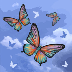 Colored butterflies on  a blue background