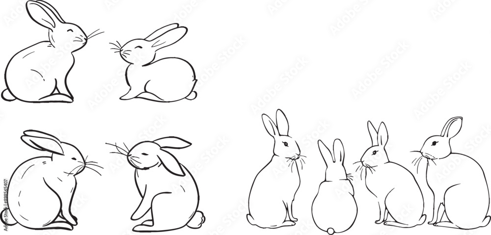 Poster black minimal concept modern illustration of rabbits in a simple one line style. rabbit is a symbol 